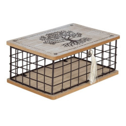 Dřevěno-kovový úložný box se stromem a střapcem - 25*17*11 cm