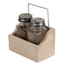 Skleněná solnička a pepřenka v dřevěném stojánku - 11*6*12 cm