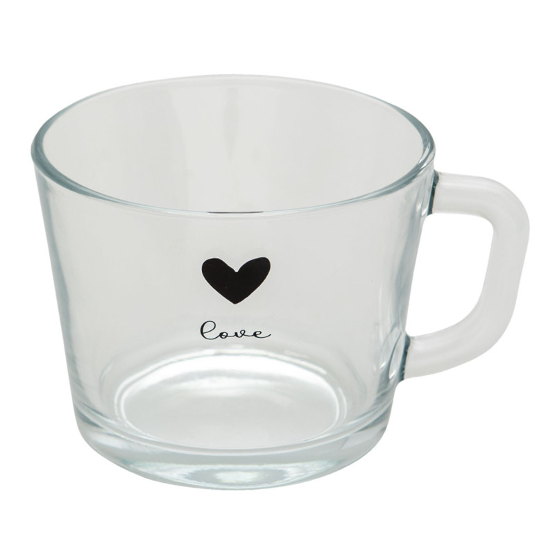 Skleněný hrneček s černým srdíčkem Love - 13*10*9 cm / 450 ml