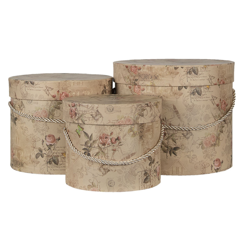 Sada 3ks béžových vintage papírových krabic - Ø 23*20 / Ø 20*17 / Ø 17*14 cm