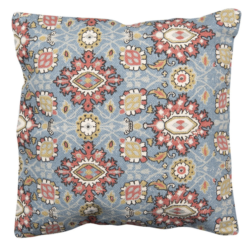 Modrý režný bavlněný povlak na polštář s ornamenty - 50*50 cm