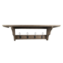 Hnědá antik dřevěná nástěnná polička s háčky - 100*24*30 cm