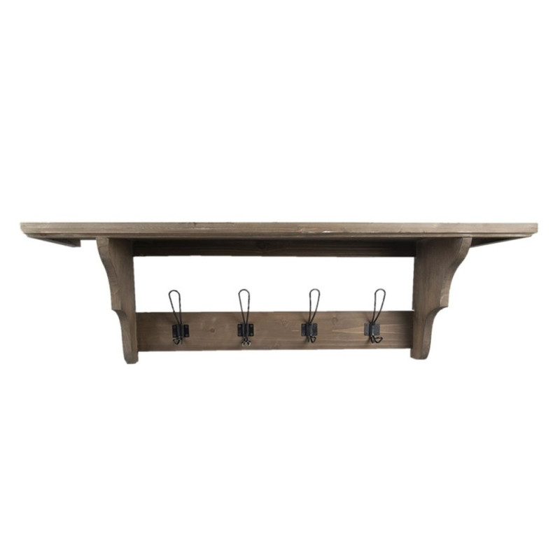 Hnědá antik dřevěná nástěnná polička s háčky - 100*24*30 cm