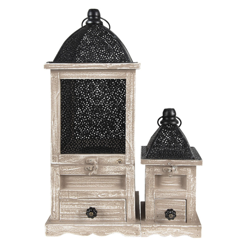 Set dvou dřevěných luceren Elliese se šuplíčky - 20*20*53 / 14*14*25 cm