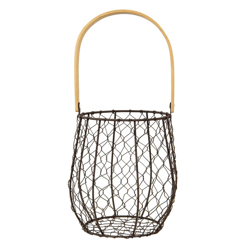 Hnědý drátěný košík s dřevěným držadlem - Ø15*19/36 cm