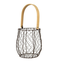 Hnědý drátěný košík s dřevěným držadlem - Ø15*19/36 cm