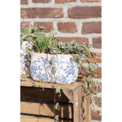 Oválný keramický obal na květináč s modrými květy Saten M - 17*9*10 cm
