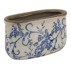 Oválný keramický obal na květináč s modrými květy Saten M - 17*9*10 cm