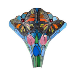 Modrá nástěnná lampa Tiffany s tulipány a motýlky Sien - 37*18*35 cm E27/max 2*60W