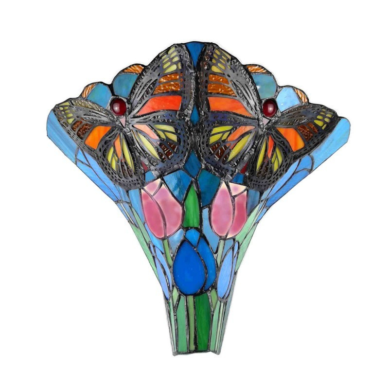 Modrá nástěnná lampa Tiffany s tulipány a motýlky Sien - 37*18*35 cm E27/max 2*60W