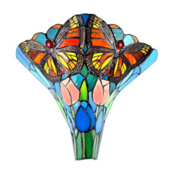 Modrá nástěnná lampa Tiffany s tulipány a motýlky Sien - 37*18*35 cm E27/max 2*60W