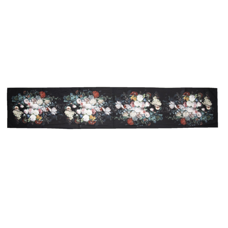 Černý běhoun na stůl s květy - 35*180 cm