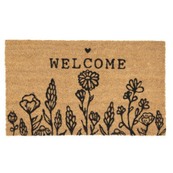 Hnědá kokosová rohožka s kytičkami Welcome - 75*45*1 cm