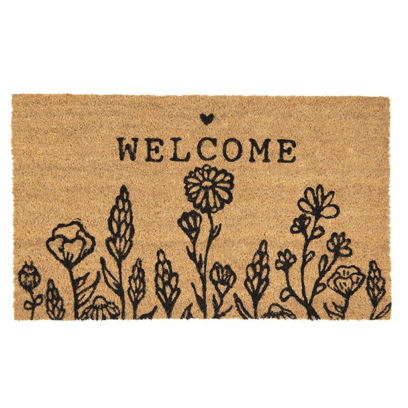 Hnědá kokosová rohožka s kytičkami Welcome - 75*45*1 cm
