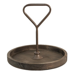 Hnědý antik dřevěný podnos s držadlem - Ø 35*33 cm