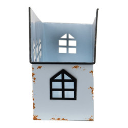 Krémový antik kovový svícen ve tvaru domku na čajovku - 36*12*18 cm