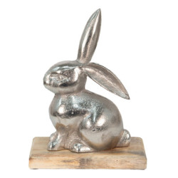 Dekorace stříbrný kovový králík na dřevěném podstavci - 21*11*28 cm