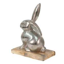 Dekorace stříbrný kovový králík na dřevěném podstavci - 21*11*28 cm
