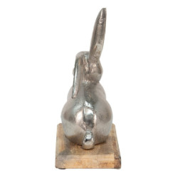 Dekorace stříbrný kovový králík na dřevěném podstavci - 21*11*28 cm
