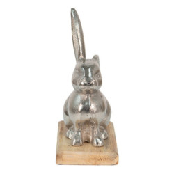 Dekorace stříbrný kovový králík na dřevěném podstavci - 21*11*28 cm