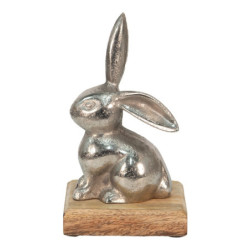 Dekorace stříbrný kovový králík na dřevěném podstavci - 11*10*20 cm