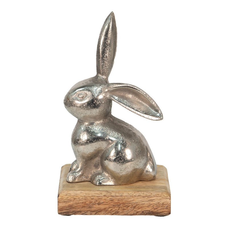 Dekorace stříbrný kovový králík na dřevěném podstavci - 11*10*20 cm