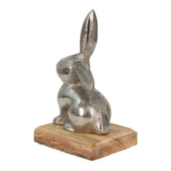 Dekorace stříbrný kovový králík na dřevěném podstavci - 11*10*20 cm