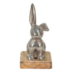 Dekorace stříbrný kovový králík na dřevěném podstavci - 11*10*20 cm