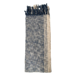 Modro - béžový bavlněný pléd s třásněmi Vinoé  - 125*150 cm
