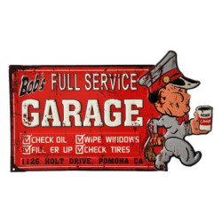 Červená kovová nástěnná cedule Bob´s Garage - 50*1*30 cm