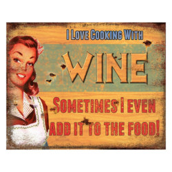 Žlutá kovová nástěnná cedule Cooking with Wine - 25*1*20 cm