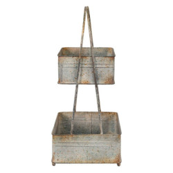 Šedý antik dvoupatrový dekorační stojan s rukojetí - 29*29*66 cm