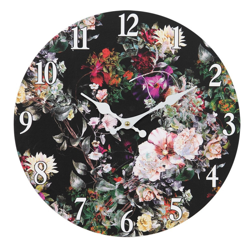Černé nástěnné vintage hodiny s květy I – Ø 34*4 cm / 1*AA