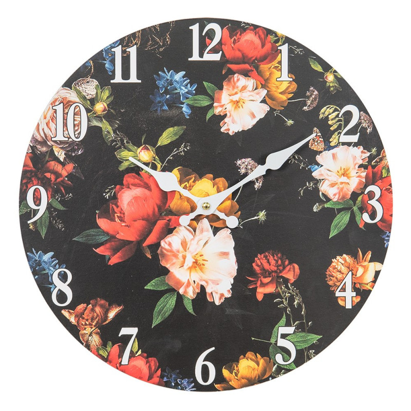 Černé nástěnné vintage hodiny s květy – Ø 34*4 cm / 1*AA