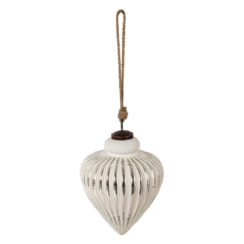 Bílo-stříbrná antik skleněná šiška Ridges white - Ø13*17 cm
