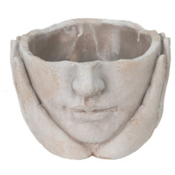Béžovo-šedý cementový květináč ruce podpírající obličej - 18*18*13 cm