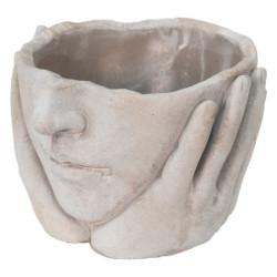 Béžovo-šedý cementový květináč ruce podpírající obličej - 18*18*13 cm