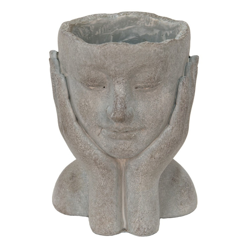 Šedý cementový květináč hlava ženy v dlaních L - 16*16*22 cm