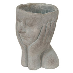 Šedý cementový květináč hlava ženy v dlaních L - 16*16*22 cm