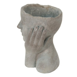 Šedý cementový květináč hlava ženy v dlaních L - 16*16*22 cm
