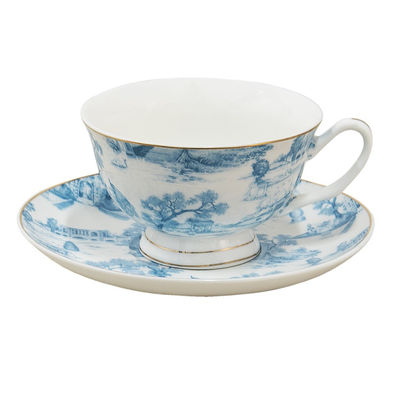 Bílo-modrý porcelánový šálek s podšálkem Chateau  - Ø 10*6 / Ø 15*2 cm / 250 ml