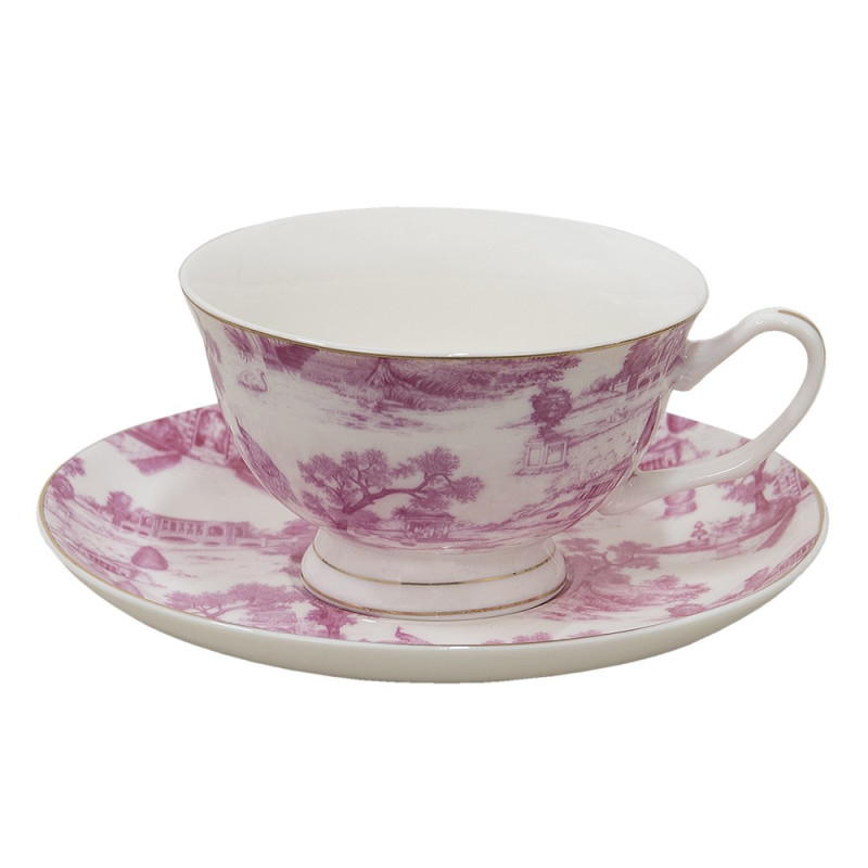 Bílo-růžový porcelánový šálek s podšálkem Chateau - Ø 10*6 / Ø 15*2 cm / 250 ml