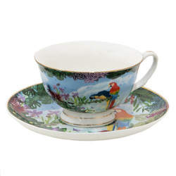 Porcelánový šálek s podšálkem s papoušky Papagai - 12*10*6 cm / Ø 15*2 cm / 200 ml