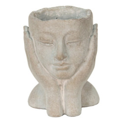 Šedý cementový květináč hlava ženy v dlaních S - 13*13*18 cm