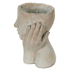 Šedý cementový květináč hlava ženy v dlaních S - 13*13*18 cm