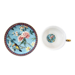 Modrý porcelánový šálek s podšálkem s květy a Tukanem - 12*10*6 cm / Ø 15*2 cm / 200 ml