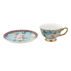 Modrý porcelánový šálek s podšálkem s květy a Tukanem - 12*10*6 cm / Ø 15*2 cm / 200 ml