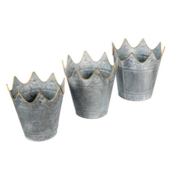 3ks zinkový plechový obal na květináč ve tvaru koruny - Ø 29*29 / Ø 26*27 / Ø 22*24 cm