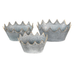 3ks zinkový antik plechový obal na květináč s korunkou - 40*27*19 / 34*23*18 / 29*22*16 cm