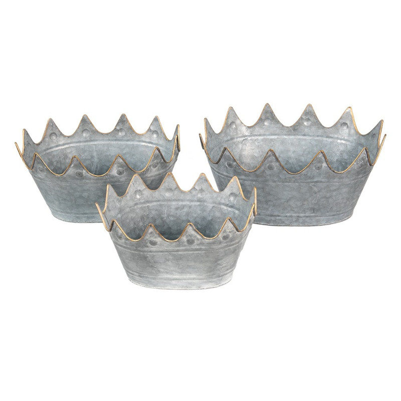 3ks zinkový antik plechový obal na květináč s korunkou - 40*27*19 / 34*23*18 / 29*22*16 cm